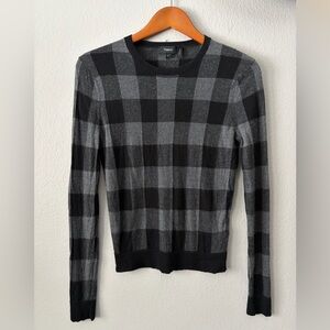 Theory Silk Cashmere Wool Blend Gray Buffalo Plaid Crewneck Sweater Women Small